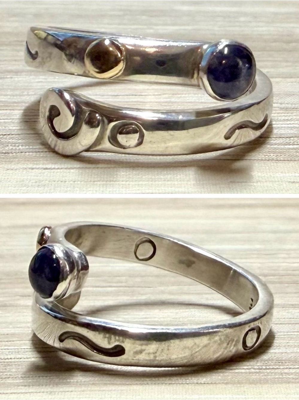 Designer Signed JE Sterling Silver & 18k Gold Tanzanite Bypass Ring, Size 6.5